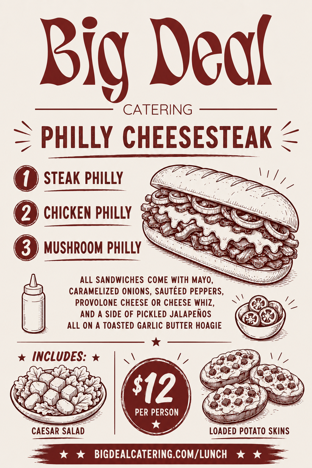 Big Deal Catering Philly cheesesteak menu