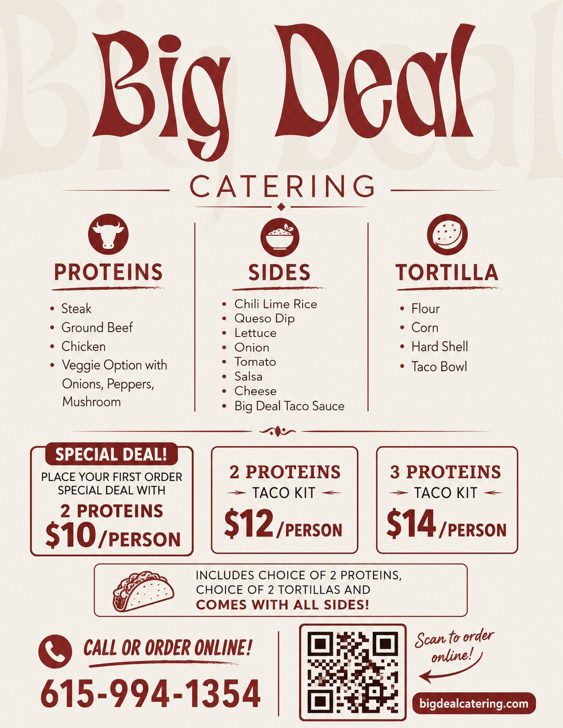 Big Deal Catering taco menu