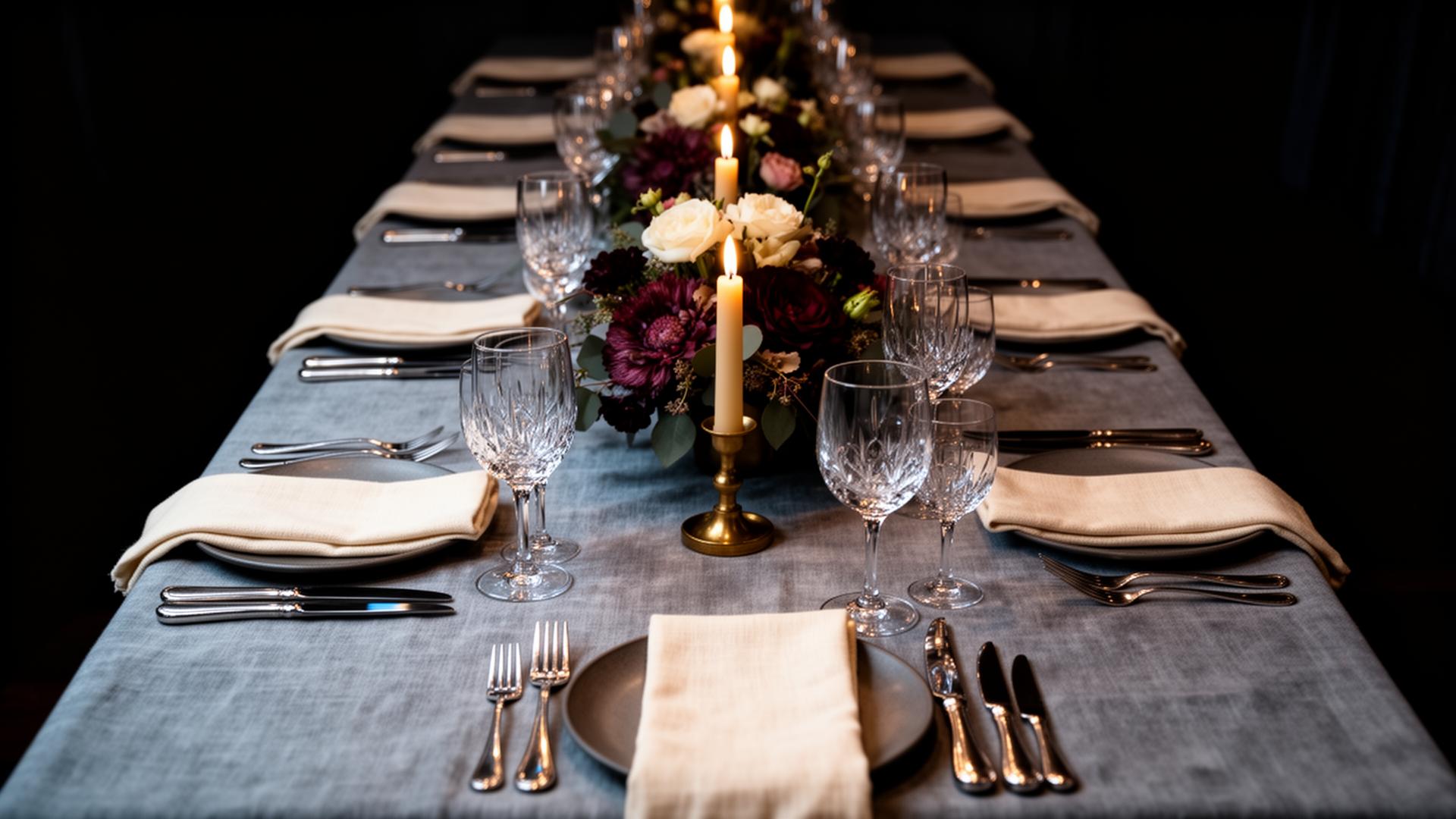 A long table set for twelve guests, blue linen and candlelight